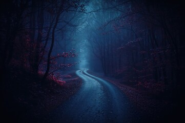 Fototapeta premium Enchanted woodland path shrouded in darkness and mist