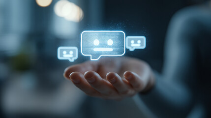Hand holding digital chat bubbles representing ai or chatbot technology
