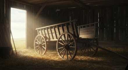 Fototapeta premium Rustic wooden cart sits inside a weathered barn, bathed in sunlight streaming through the open doorway, creating a warm, inviting scene of rural life with natural colors and textures.