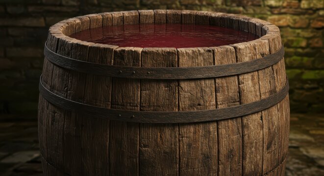 A weathered wooden barrel, filled with a deep red liquid, rests indoors against a backdrop of rough, textured stone.