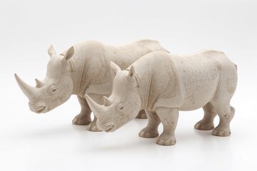 Obraz premium Carved light stone rhinoceros statue displayed against a white backdrop, featuring two different perspectives