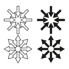 Starburst arrow collection. Six direction pointers. Abstract black Vector signs. Navigation flow symbols.
