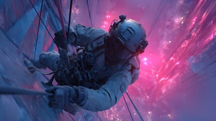 A tactical soldier in full gear rappels down a glowing urban structure illuminated by vibrant pink and purple neon lights.