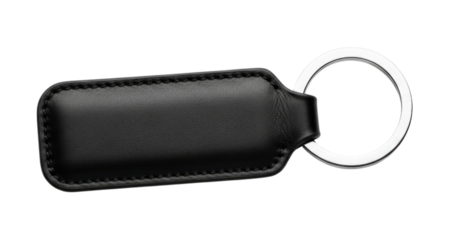 A blank black leather keychain isolated on white background cutout transparent png