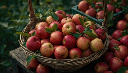 A basket brimming with freshly picked apples in an orchard. Autumn harvest theme with abundant ripe apples and foliage. Fresh apples for creative backgrounds.