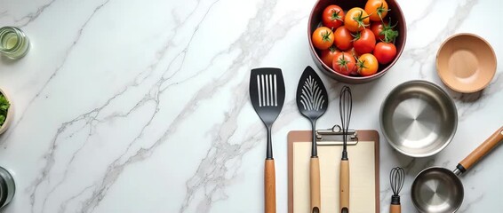 Professional kitchen tools for mom displayed on marble countertop including ergonomic utensils stainless steel cookware and recipe clipboard for culinary marketing in  Photo Stock  Concept  and empty 