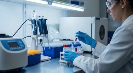Female scientist wearing safety goggles analyzes blood sample in test tube at modern laboratory, concept for medical research, vaccine development and pharmaceutical production