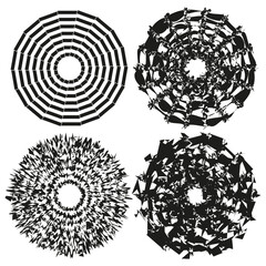 Concentric radial elements. Four abstract round shapes. Black white Vector contrast. Textured circular design.