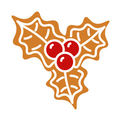 Flat style illustration of a gingerbread holly cookie, perfect for Christmas, New Year, winter holiday baking, and festive food designs