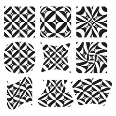 Geometric pattern set. Nine abstract squares. Monochromatic tile collection. Vector graphic element.
