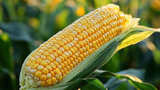 Close-up of a ripe ear of corn on the stalk in a field.