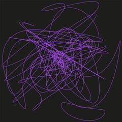 Abstract scribbled lines. Purple violet pattern. Dark background art. Vector chaotic element.