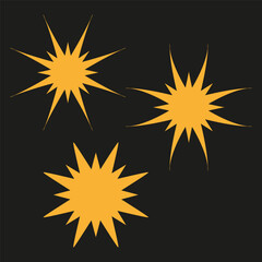 Three yellow starbursts. Bright explosion graphic. Dynamic light shape. Vector dark background