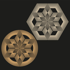Geometric hexagon pattern. Brown wireframe shapes. Vector volumetric illustration. Modern technical design.