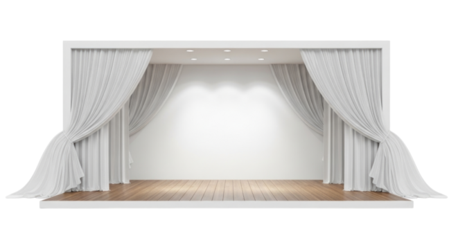 A small theater stage with white curtains and spotlights isolated cutout transparent png
