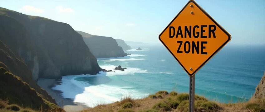 Danger zone coastal signage warning public of unstable cliffs erosion hazards framing panoramic vista over jagged shoreline prone to landslides in  Photo Stock  Concept  and empty space on the left si