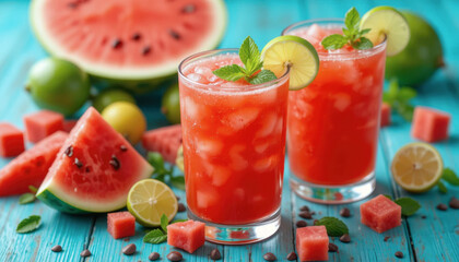 Refreshing watermelon cocktails with lime and mint on a vibrant blue table.