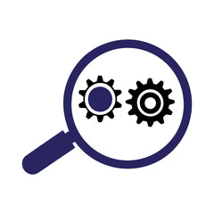 Obraz premium Magnifying glass examining interlocking gears symbolizing mechanical engineering research development and problem solving in technical industries vector