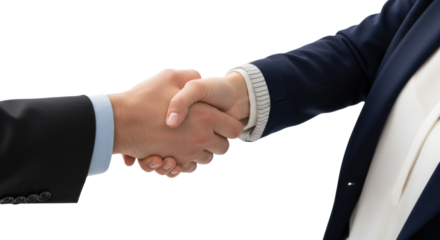 Two business people shaking hands isolated on white background cutout transparent png
