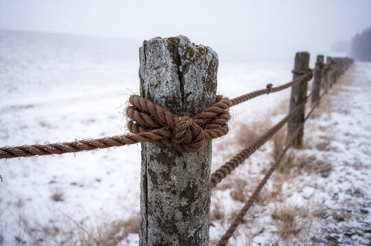 Cord tied around a rock post of a barrier