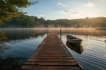 Sunrise over a tranquil lake with a dock and a small rowboat