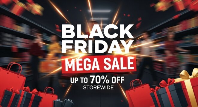 Vector art of black friday mega sale up to 70 off storewide with gifts and shopping bags - Powered by Adobe