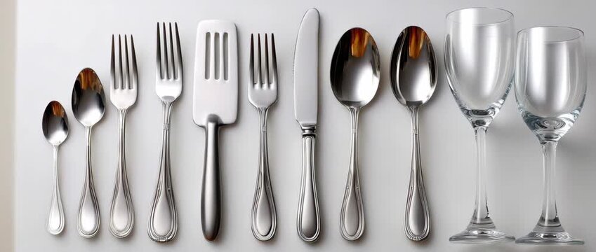 A beautiful arrangement of silverware and glassware showcases an elegant table setting, perfect for a special meal