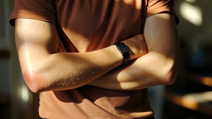 A man stands with crossed arms, sunlight casting shadows on his brown t-shirt. - Powered by Adobe