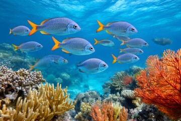 Obraz premium School of fish swimming over vibrant coral reef