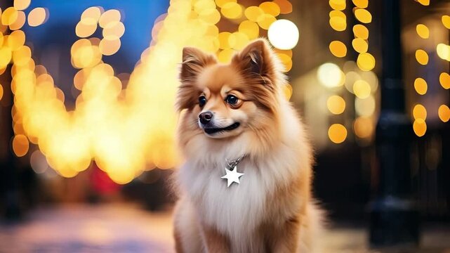Charming pomeranian dog with a star-shaped collar, poses against a backdrop of glowing bokeh lights, showcasing the warmth and joy of a festive atmosphere in a vibrant scene