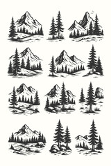 Obraz premium Set of engraved mountain and forest icons in classic line illustration style.