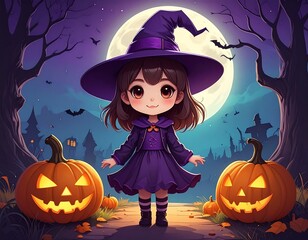 cute purple witch celebrating halloween