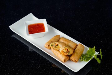 Crispy Fried Vegetable Spring Rolls with Sweet Chili Sauce