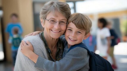A caring grandmother picks up her 7-year-old grandson from school in a bustling playground filled with swinging kids, lunchboxes in hand, and teachers waving goodbye, captured in a lively photo
