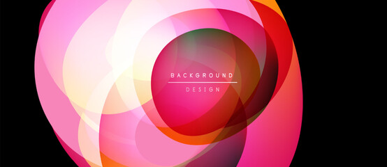 Abstract design features overlapping circles. Pink, orange, red hues create dynamic visual effect. Modern background suitable for various projects.