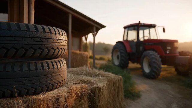A farmer stacks old tires beside a barn, with rubber weathered, hay bales nearby, a rusty tractor parked, and a sunset casting golden light, depicted in a rustic photo with tire cracks, hay fibers,