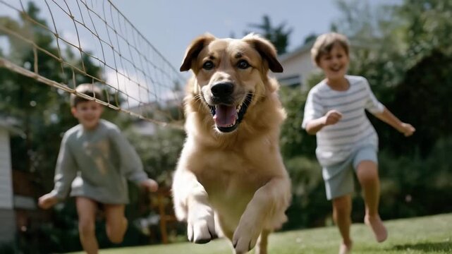 A family plays badminton in a backyard, with a net swaying, a shuttlecock soaring, kids laughing, and a dog chasing, depicted in a lively photo with net weaves, feather textures, and playful