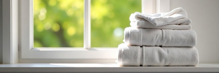 Fluffy White Towels, Sheets & Blankets Neatly Folded on Sunny Windowsill Cleanliness, Comfort, and Home Sweet Home