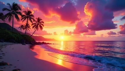 Breathtaking Hawaiian Sunset Fiery Oranges, Pinks, and Purples Paint the Calm Ocean, Creating a Perfect Tropical Escape for Travel and Holiday Themes.