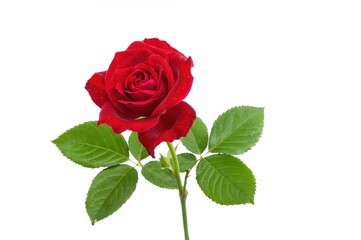 Single red rose with green leaves blossoming, isolated on a plain white backdrop for easy copying