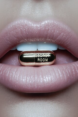 Woman's lips holding golden secret room pill