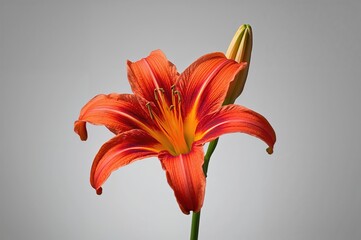 Bright orange daylily flower on a neutral grey backdrop