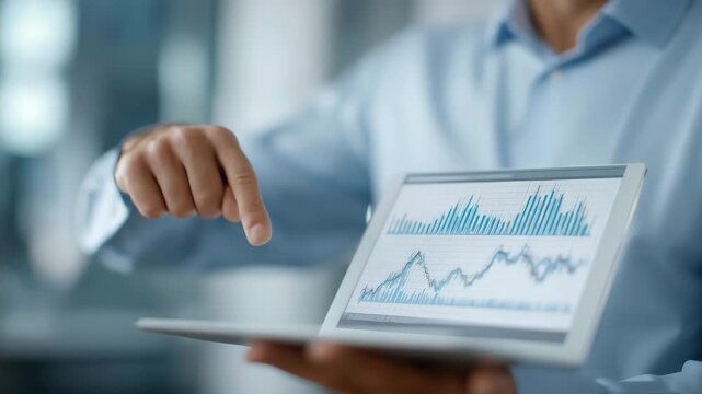 Executive examining 3D holographic graphs and digital dashboards displaying stocks, real estate, and assets, representing wealth management, modern financial planning, portfolio diversification,