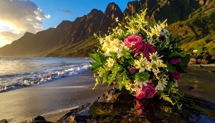 Beautiful Flower Bouquet on a Tropical Beach at Sunset.