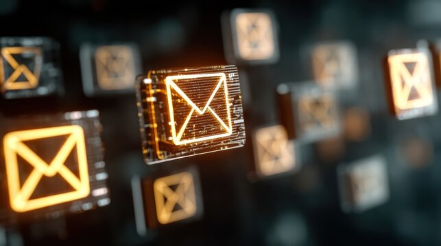 Glowing email icons floating in a digital space, symbolizing electronic communication and connectivity.