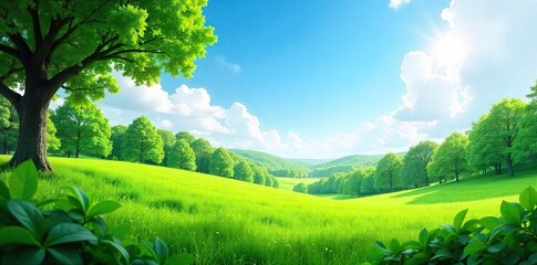 Serene Ocean Landscape Lush Greenery, Blue Sky, Gentle Sunlight, Peaceful Atmosphere, Perfect for Wellness and Tranquility Concepts