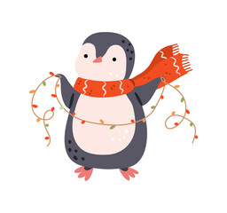 Cute penguin wearing scarf and holding led garland. Vector isolated flightless birds from Antarctica with festive new year and Christmas decoration. Winter holiday fun preparations