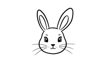 Fototapeta premium Adorable black outline cartoon rabbit head illustration with large ears shiny eyes tiny nose smiling mouth and long whiskers.