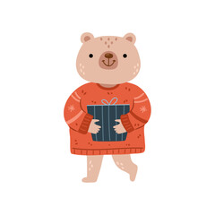 Cute cartoon character holding wrapped gift. Vector smiling bear wearing cozy sweater with print and walking with present. Winter season fun. Xmas and new year celebrations, christmas holiday