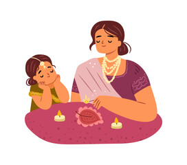 Indian people wearing traditional costumes lighting oil lamp. Vector isolated mother and daughter preparing to celebrate Deepavali or Diwali. Hindu culture and religion festival celebration